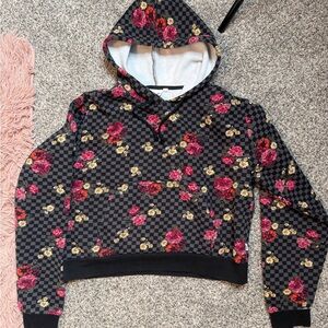 Vans Black and Gray Checkered Hoodie with Yellow Floral Accents